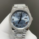 Sunday calendar series women's watch, ice blue dial, diamond-set bezel, 36mm, diamond-set silver President-style bracelet.